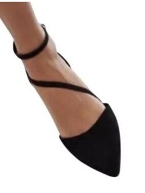 ASOS Design faux suede Black Pointed Ballet Flats With Ankle Strap size 6